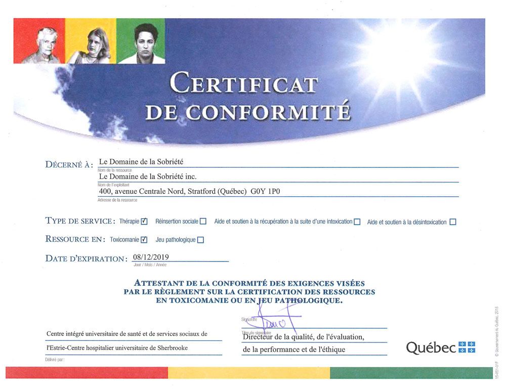 Certificat Domaine de la Sobriete